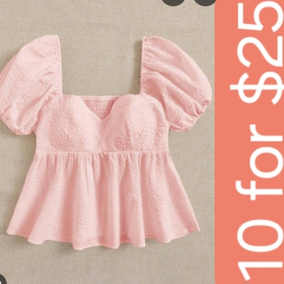 SHEIN Tops - Shein Smocked Puff Sleeve Peplum Top - Light Pink